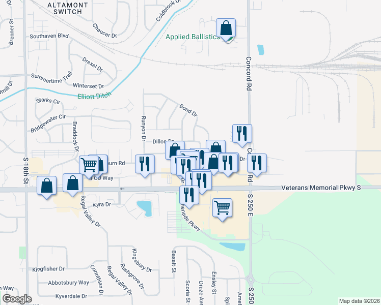 map of restaurants, bars, coffee shops, grocery stores, and more near 90 South Rickover Circle in Lafayette