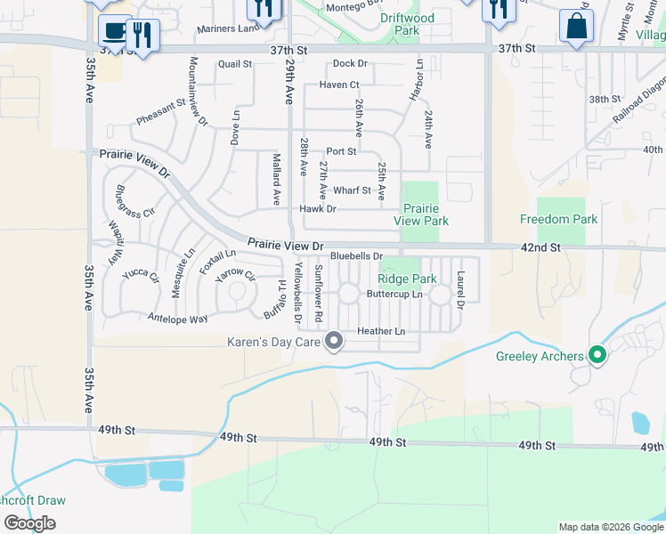 map of restaurants, bars, coffee shops, grocery stores, and more near 4208 Rockcress Road in Evans