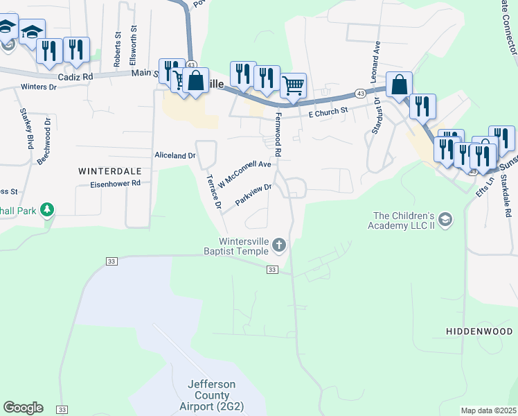 map of restaurants, bars, coffee shops, grocery stores, and more near 152 Susan Drive in Steubenville
