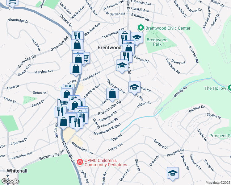 map of restaurants, bars, coffee shops, grocery stores, and more near 3844 Lawnview Avenue in Brentwood