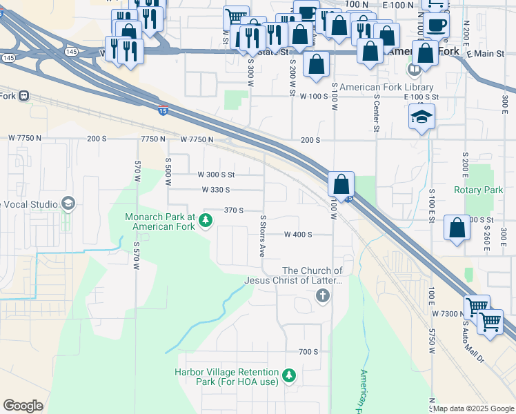map of restaurants, bars, coffee shops, grocery stores, and more near 247 West 350 South Street in American Fork