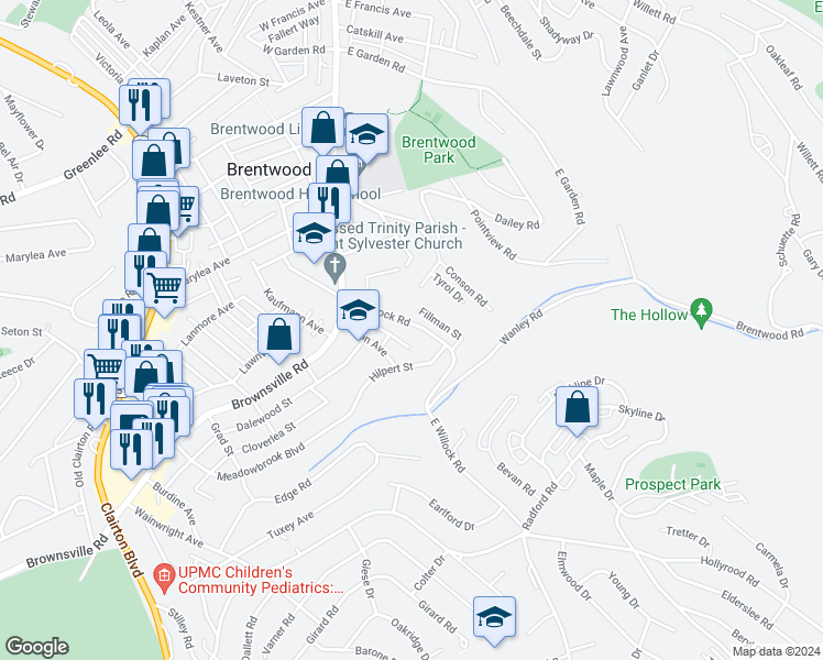 map of restaurants, bars, coffee shops, grocery stores, and more near 212 East Willock Road in Pittsburgh