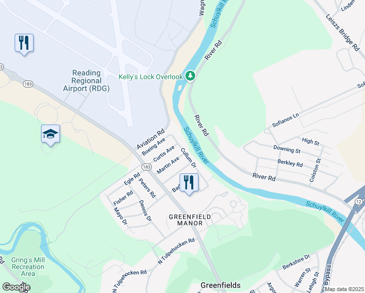 map of restaurants, bars, coffee shops, grocery stores, and more near 2119 Cullum Drive in Reading