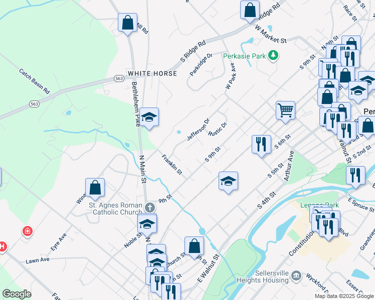 map of restaurants, bars, coffee shops, grocery stores, and more near 725 Lexington Way in Perkasie