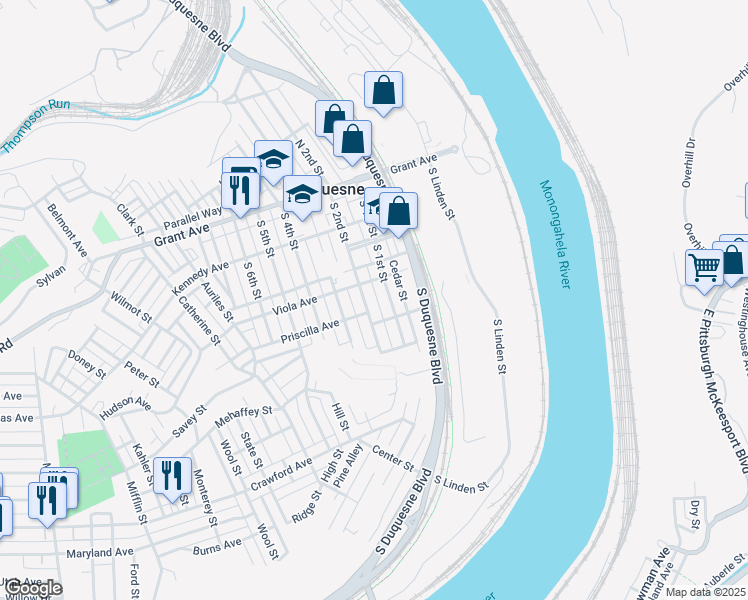 map of restaurants, bars, coffee shops, grocery stores, and more near 317 S 1st St in Duquesne