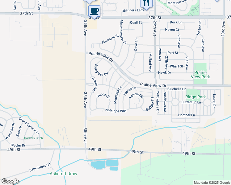 map of restaurants, bars, coffee shops, grocery stores, and more near 4210 Cedar Lane in Evans