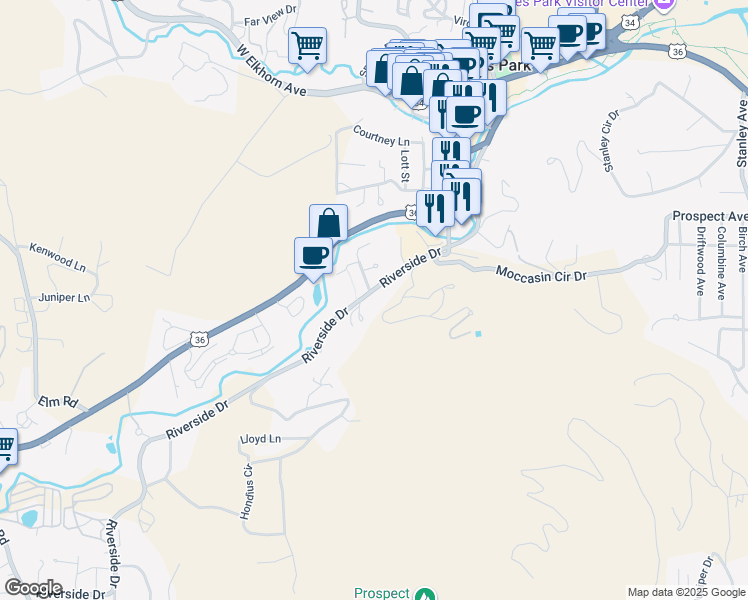 map of restaurants, bars, coffee shops, grocery stores, and more near 200 Riverside Drive in Estes Park