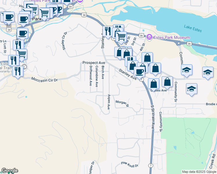 map of restaurants, bars, coffee shops, grocery stores, and more near 519 Aspen Avenue in Estes Park