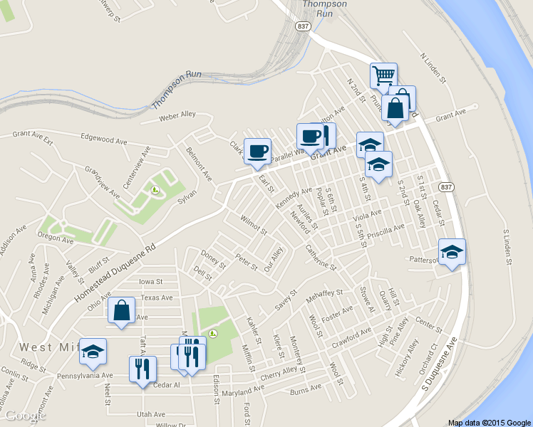 map of restaurants, bars, coffee shops, grocery stores, and more near 1010 Kennedy Avenue in Duquesne