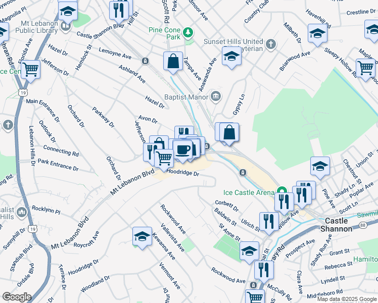 map of restaurants, bars, coffee shops, grocery stores, and more near 315 Mount Lebanon Boulevard in Pittsburgh