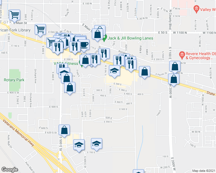 map of restaurants, bars, coffee shops, grocery stores, and more near 352 South 780 East in American Fork