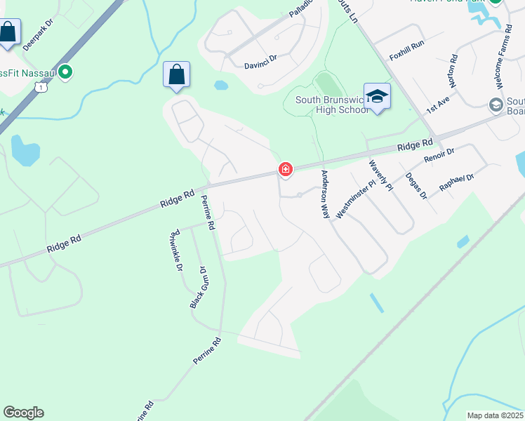 map of restaurants, bars, coffee shops, grocery stores, and more near 16 Interlaken Road in South Brunswick Township