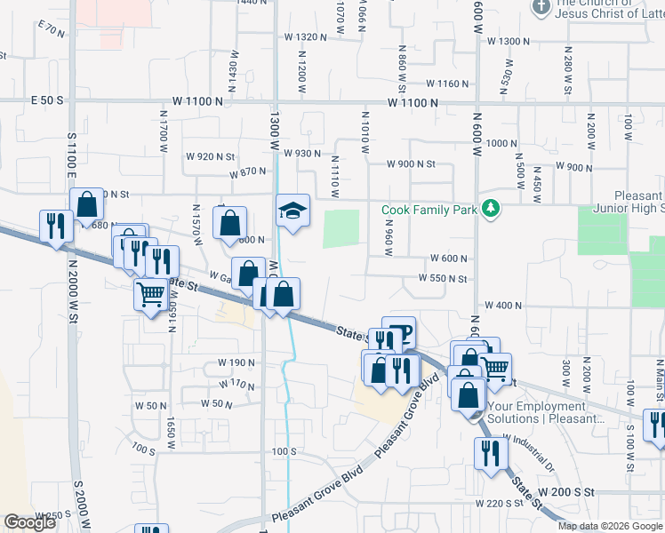 map of restaurants, bars, coffee shops, grocery stores, and more near 1036 West 550 North Street in Pleasant Grove