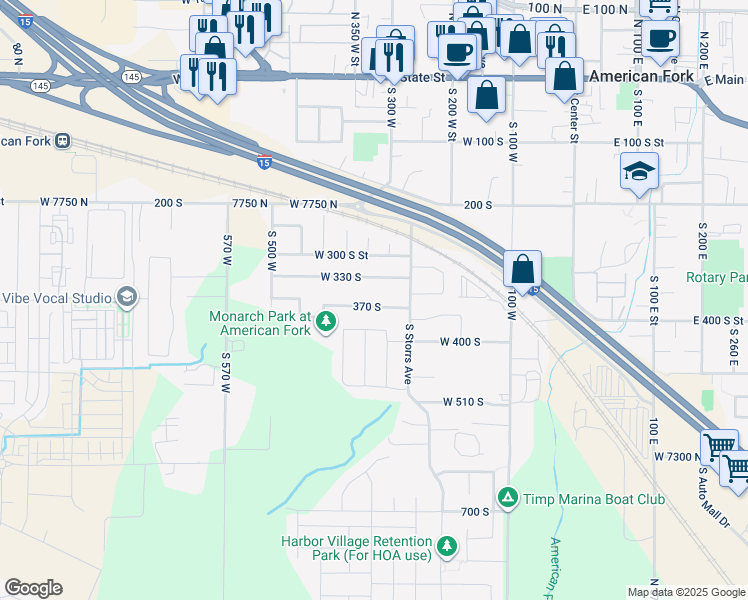 map of restaurants, bars, coffee shops, grocery stores, and more near 222 370 South in American Fork