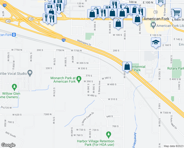 map of restaurants, bars, coffee shops, grocery stores, and more near 322 370 South in American Fork