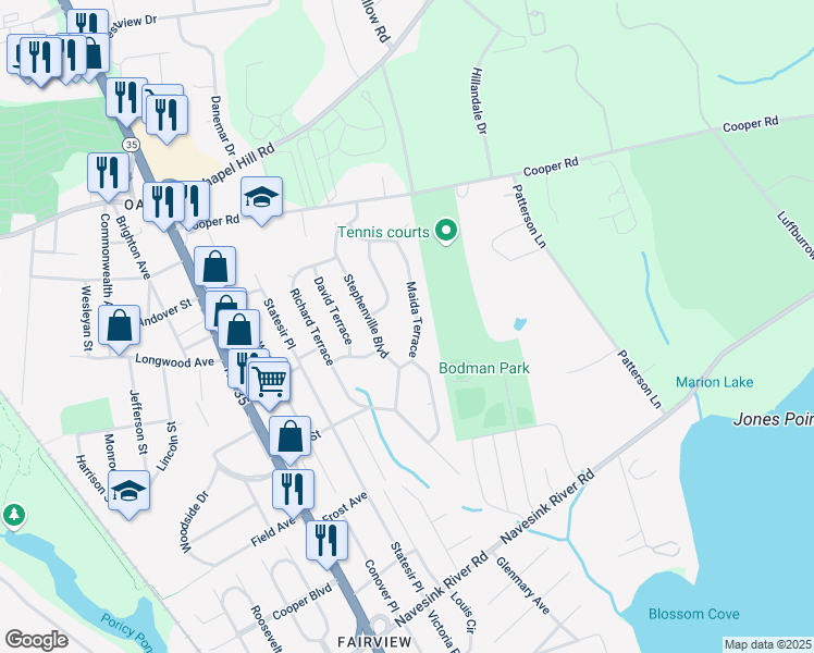 map of restaurants, bars, coffee shops, grocery stores, and more near 54 Maida Terrace in Red Bank