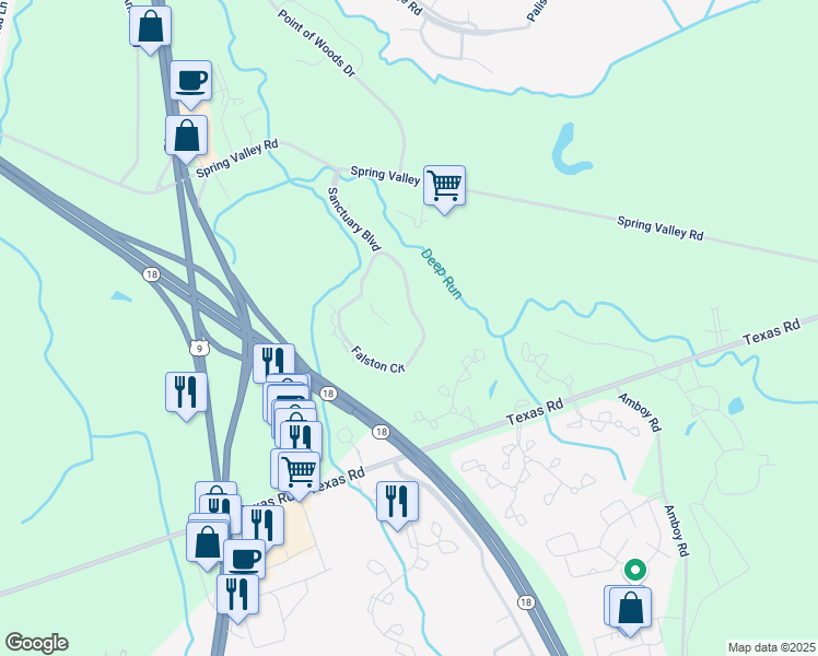 map of restaurants, bars, coffee shops, grocery stores, and more near 4318 Falston Circle in Old Bridge