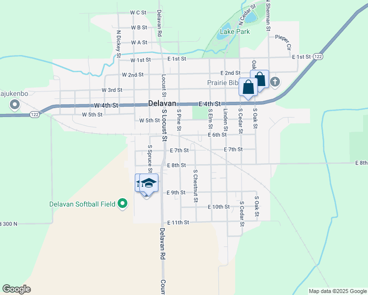 map of restaurants, bars, coffee shops, grocery stores, and more near 612 North Pine Street in Delavan