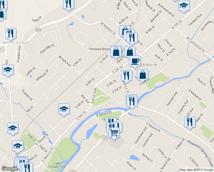 map of restaurants, bars, coffee shops, grocery stores, and more near 300 South 4th Street in Perkasie