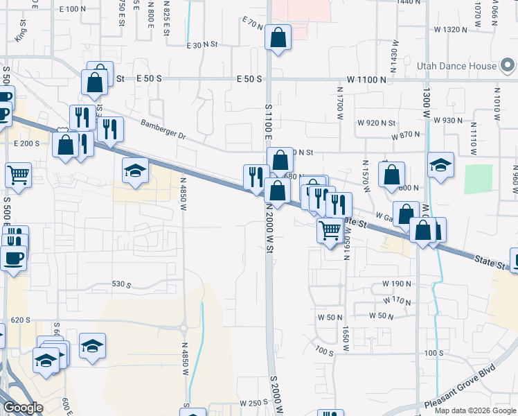 map of restaurants, bars, coffee shops, grocery stores, and more near 1092 East State Road in American Fork