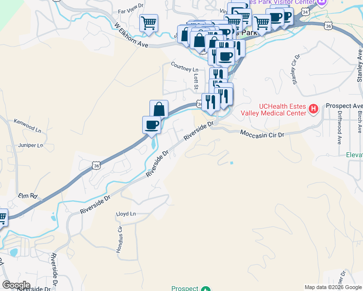 map of restaurants, bars, coffee shops, grocery stores, and more near 200 Riverside Drive in Estes Park