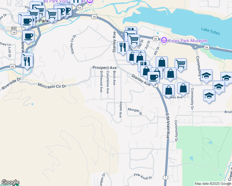 map of restaurants, bars, coffee shops, grocery stores, and more near 519 Aspen Avenue in Estes Park