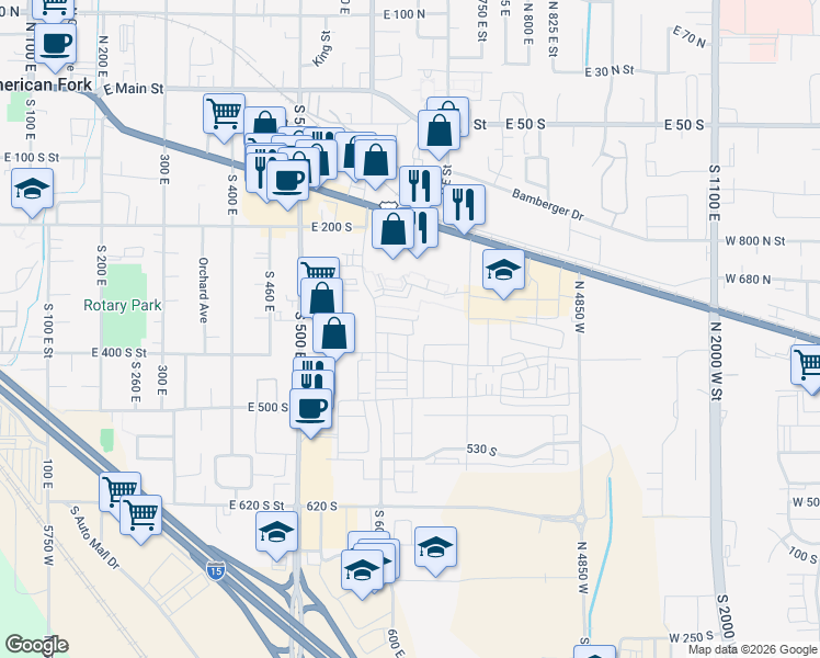 map of restaurants, bars, coffee shops, grocery stores, and more near 361 South 610 East in American Fork