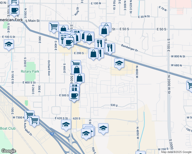 map of restaurants, bars, coffee shops, grocery stores, and more near 361 South 610 East in American Fork
