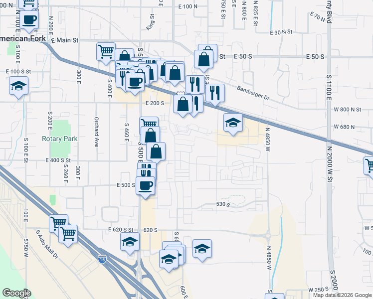 map of restaurants, bars, coffee shops, grocery stores, and more near 633 East 360 South in American Fork