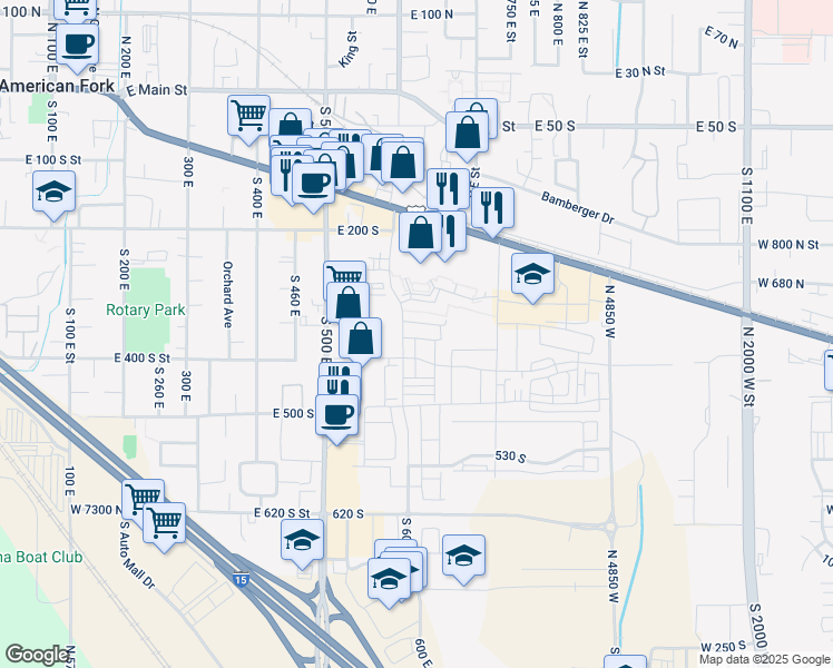 map of restaurants, bars, coffee shops, grocery stores, and more near 361 South 610 East in American Fork