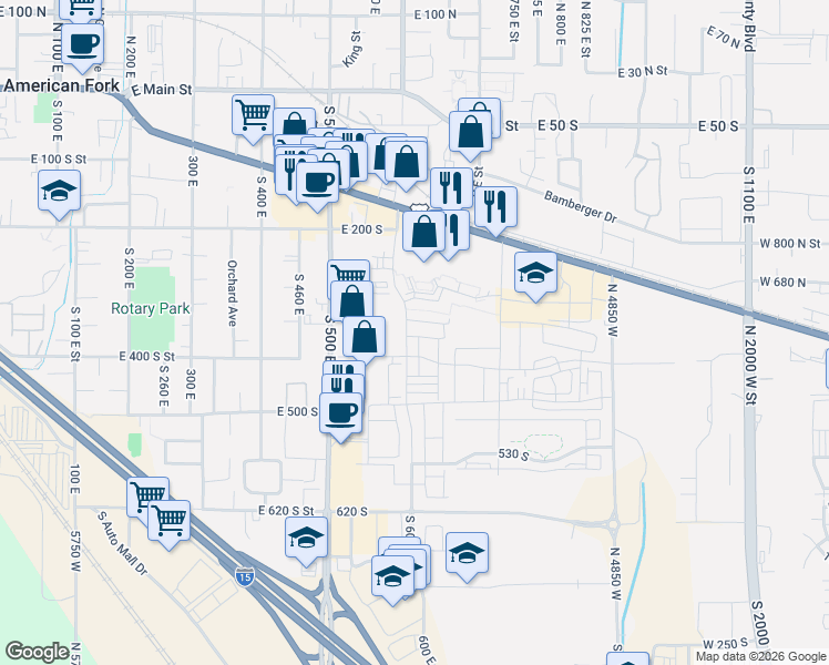 map of restaurants, bars, coffee shops, grocery stores, and more near 361 South 610 East in American Fork