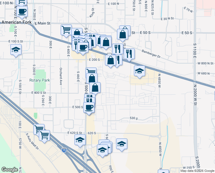 map of restaurants, bars, coffee shops, grocery stores, and more near 361 South 610 East in American Fork