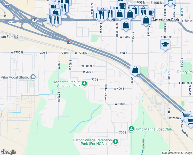 map of restaurants, bars, coffee shops, grocery stores, and more near 222 370 South in American Fork
