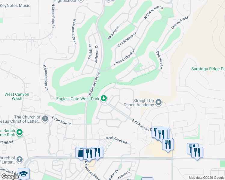 map of restaurants, bars, coffee shops, grocery stores, and more near 3748 Turnberry Road in Eagle Mountain