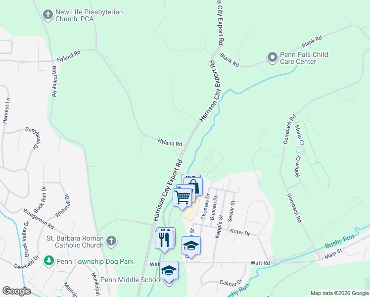 map of restaurants, bars, coffee shops, grocery stores, and more near 1105 Harrison City Export Road in Jeannette