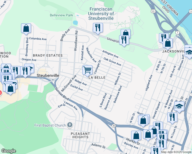 map of restaurants, bars, coffee shops, grocery stores, and more near 510 Carnegie Street in Steubenville