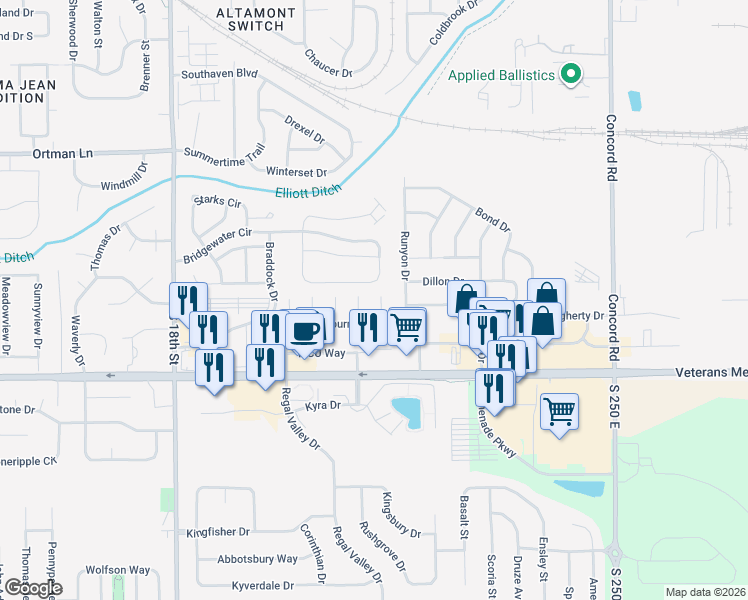 map of restaurants, bars, coffee shops, grocery stores, and more near 2138 Cliburn Road in Lafayette