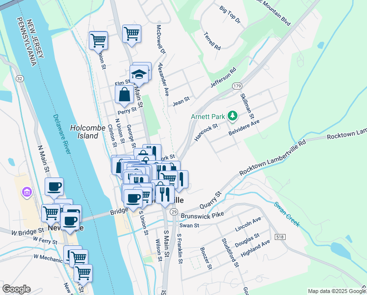map of restaurants, bars, coffee shops, grocery stores, and more near 99 York Street in Lambertville