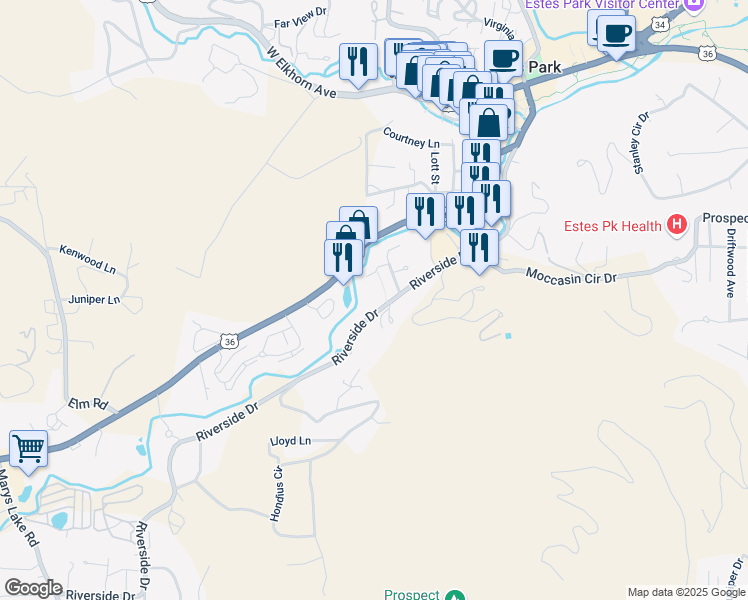 map of restaurants, bars, coffee shops, grocery stores, and more near 309 Riverside Drive in Lyons