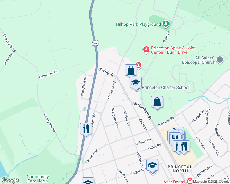 map of restaurants, bars, coffee shops, grocery stores, and more near 580 Ewing Street in Princeton