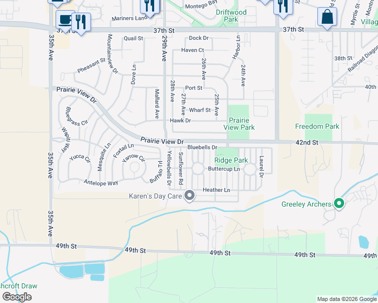 map of restaurants, bars, coffee shops, grocery stores, and more near 4208 Rockcress Road in Evans
