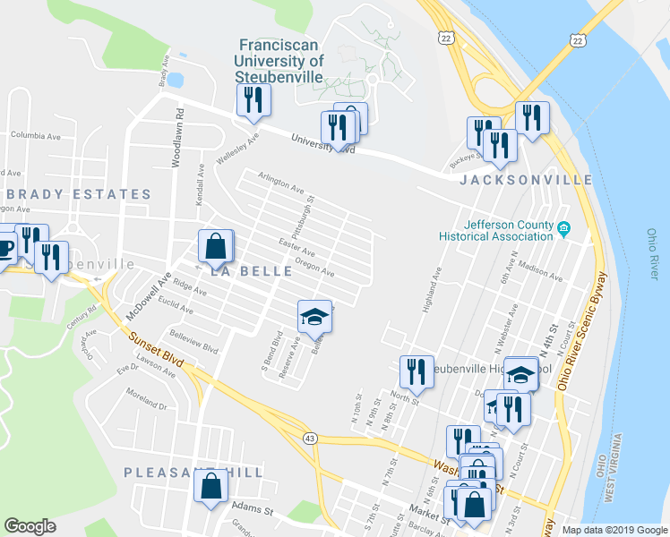 map of restaurants, bars, coffee shops, grocery stores, and more near 1141 Oregon Avenue in Steubenville