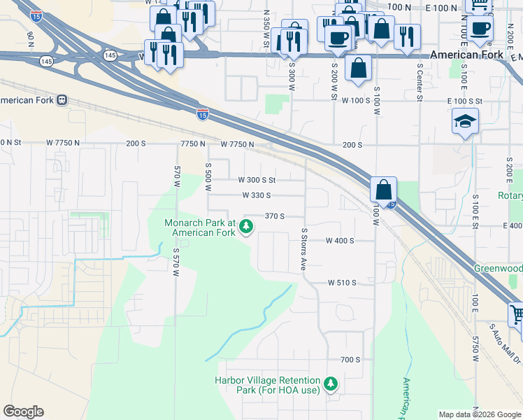 map of restaurants, bars, coffee shops, grocery stores, and more near 374 370 South in American Fork