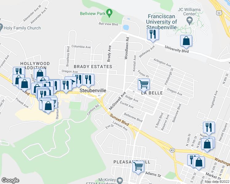 map of restaurants, bars, coffee shops, grocery stores, and more near 1616 Ridge Ave in Steubenville