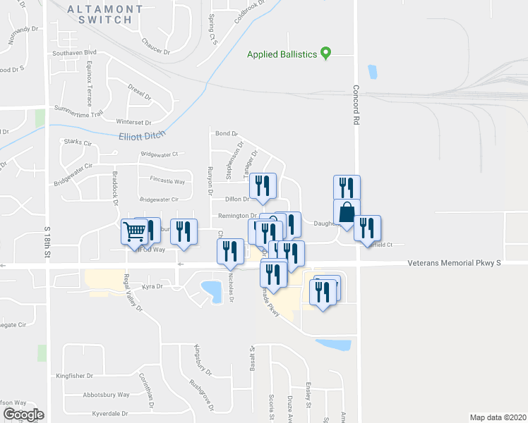 map of restaurants, bars, coffee shops, grocery stores, and more near 3303 Osborne Lane in Lafayette