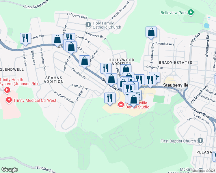 map of restaurants, bars, coffee shops, grocery stores, and more near 2236 Sunset Boulevard in Steubenville