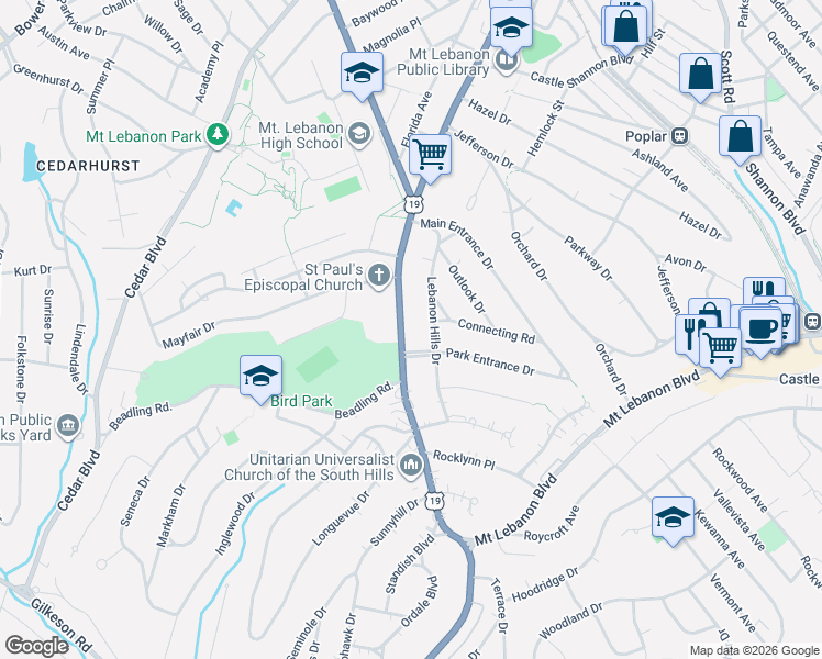 map of restaurants, bars, coffee shops, grocery stores, and more near 1105 Washington Rd in Pittsburgh