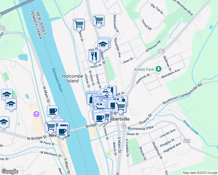 map of restaurants, bars, coffee shops, grocery stores, and more near 73 Delevan Street in Lambertville