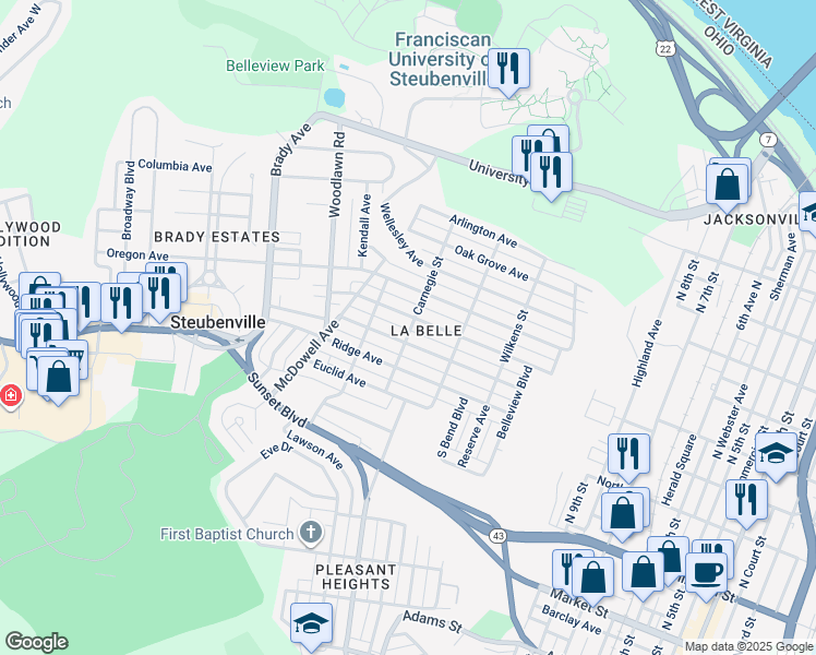 map of restaurants, bars, coffee shops, grocery stores, and more near 510 Carnegie Street in Steubenville