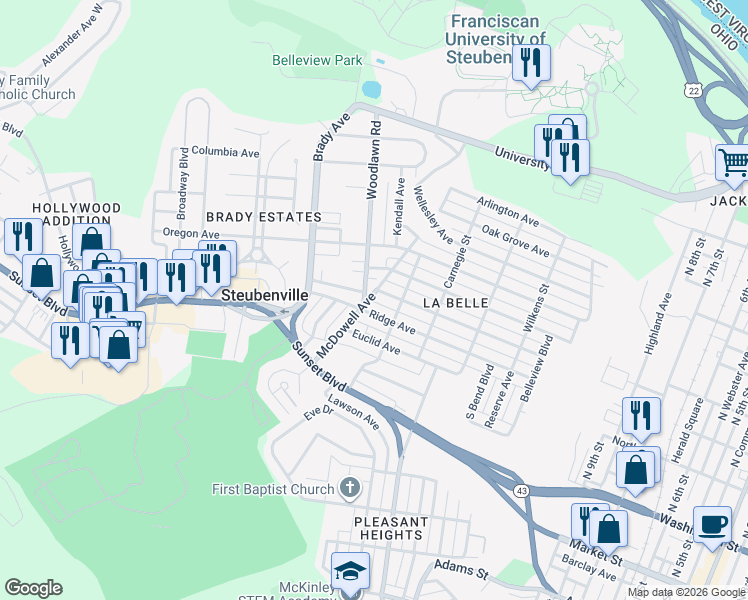 map of restaurants, bars, coffee shops, grocery stores, and more near 208 McDowell Avenue in Steubenville